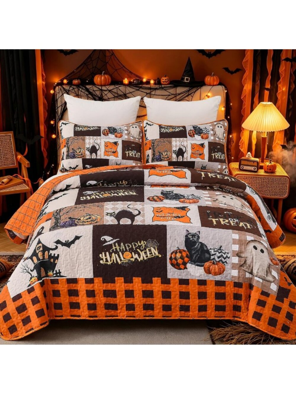Cozy Halloween Quilt Set - Full/Queen Fall Patchwork Bedspread, 3-Piece Set